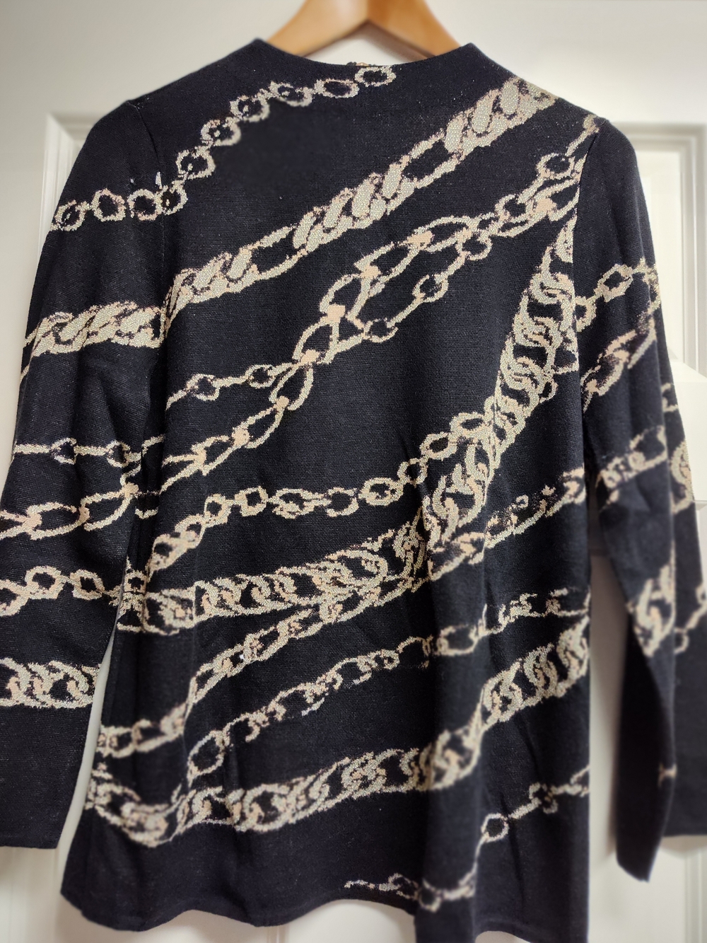 Chico's Women's Black Sweater with Cream & Gold Chain Pattern